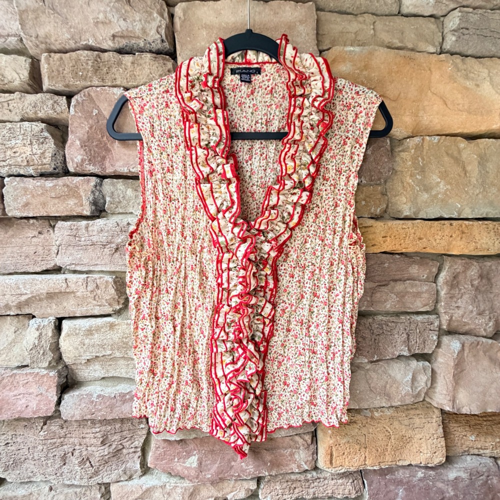 VTG Y2K Piano Women Large Ruffle Floral Blouse Retro Crinkled Romantic Pin Up